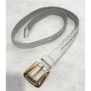 CHIC Signed White Braided Leather Belt Gold Tone Buckle Adjustable Up To 39"